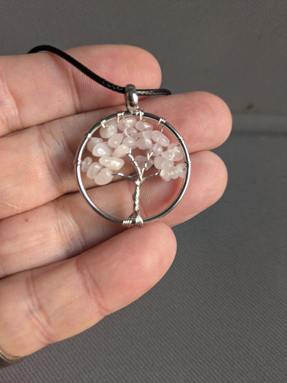 Handmade Rose Quartz Tree of Life Pendant Necklace - Pink